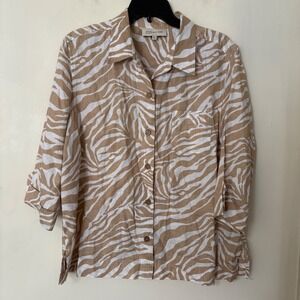 Jones New York Sport Women's XL 100% Linen Zebra Print Button Up Shirt Tan White